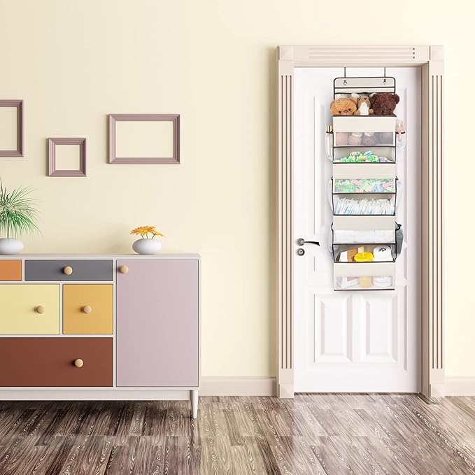 Univivi Over Door Hanging Organizers and Storage Nursery Closet Cabinet Baby Storage with 4 Large Compartments 2 Small PVC Pockets with 6 Side Pockets for Cosmetics, Toys and Sundries (Beige)