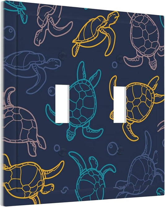 Cartoon Turtles Double Toggle Light Switch Covers 2 Gang Wall Plate Dual Decorative Switchplate Electrical Faceplate for Bathroom Country Kitchen Bedroom Decor, 4.9" x 5"