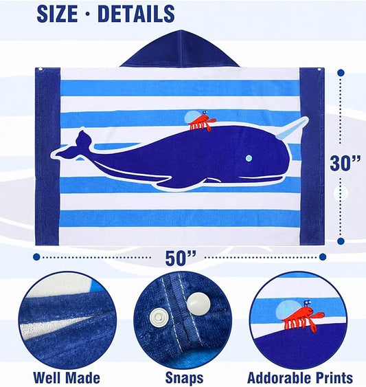 Toddler Bath Towel Hooded - Cotton Kids Beach Towel 30"x50" for Ages 3 to 10, Soft Terry Poncho Towel as Pool Swim Cover Ups for Girls Boys (Narwhal Blue)