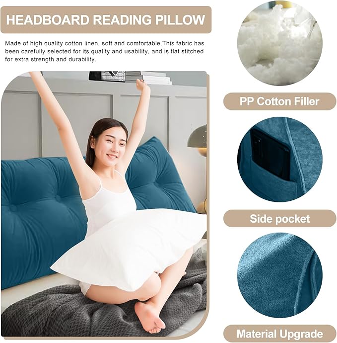 Large Triangular Headboard Pillows Long Backrest Positioning Support Bolster Cushion for Daybed Fluffy Quality Plush Body Wedge Pillow with Removable Cover(Navy blue-King-76x8x20in)