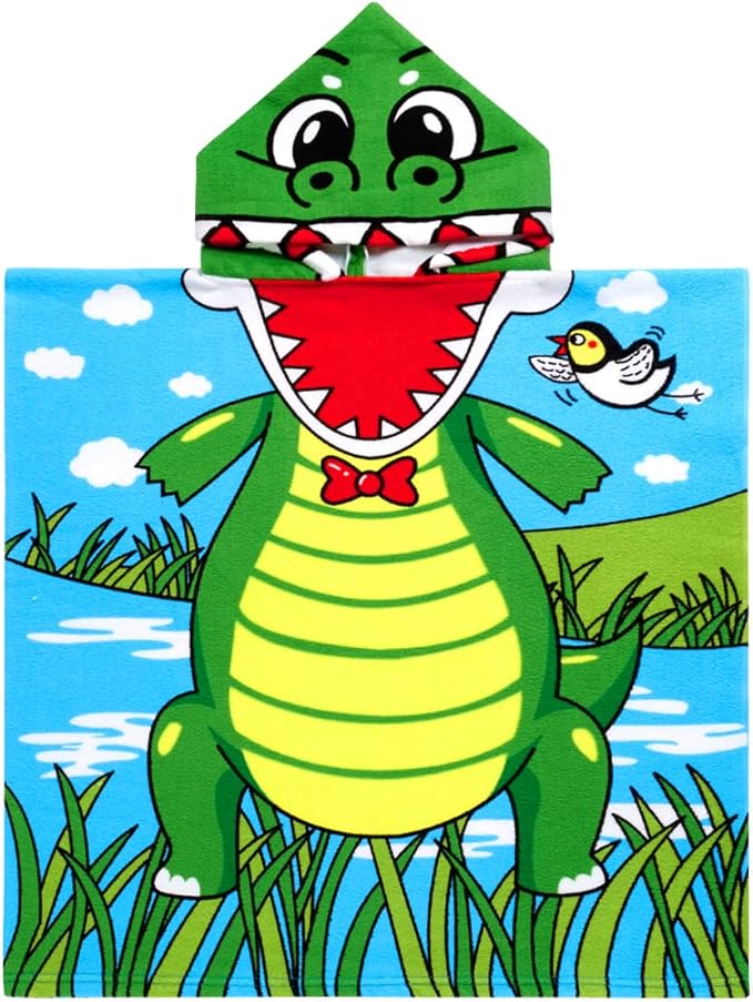Kids Crocodile Hooded Beach Towel Boys Cute Ship Poncho Pool Towels with Hood 24*47" Soft Microfiber Swim Cover-ups Kids Ages 3-10 Thick Absorbent Cotton Hooded Bath Towels Wrap Bathrobe