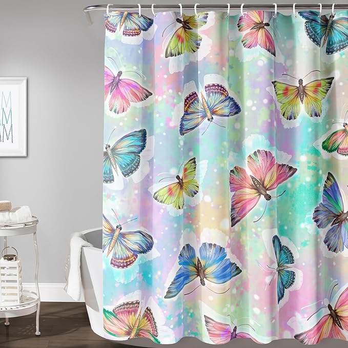 AILONEN Butterfly Shower Curtain,Rainbow Butterfly Bath Curtain,Modern Tie Dye Butterfly Art Decorative Shower Curtain with 12 Plastic Hooks (Kids/Girls/Women/Teen/) 72" W*72" H