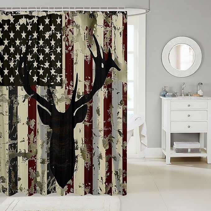 Feelyou Deer Bath Curtain Cute Deer Shower Curtain American Flag Bathroom Shower Curtain Set for Kids Boys Girls Deer Hunting Kids Bathroom Accessories 72"x84"
