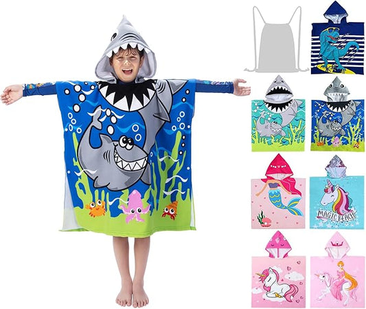 Hooded Kids Beach Towels - Toddler Bath Towel Girls Boys Swim Cover-ups for Ages 4 to 10 Kids Pool Towels Quick Dry Lightweight Soft Microfiber Poncho 30x30 with Bag (Navy Sharks)