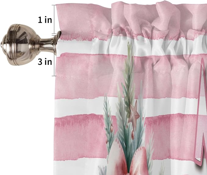 Pink Striped Window Valance for Bedroom Living Room, Pink Themed Christmas Window Curtain for Kitchen Bathroom, Cute Snowman and Reindeer Window Valance Rod Pocket Window Treatment, 54" W x 18" L