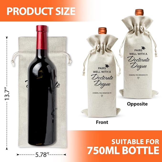 Doctorate Degree Gift Wine Bag, Pairs Well With A Doctorate Degree, Graduation Gift For Son Daughter, Phd Graduation Gift, College Graduation Party Decor, Cotton Linen Wine Gift Bag With Drawstring