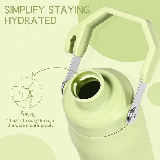 Water Bottle 24 OZ Angled Spout Lid Lightweight & Leakproof for Travel & Sports Insulated Stainless Steel BPA-Free (Green, 24oz)