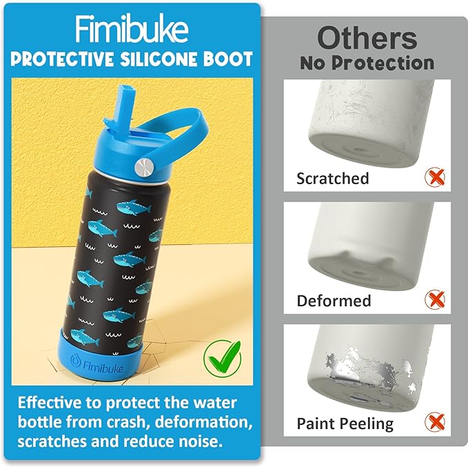 Fimibuke Kids Insulated Water Bottle - 18oz BPA-FREE Kids Cups with Straw Double Wall Vacuum Tumbler 18/8 Stainless Steel Leak Proof Toddler Water Bottle for School Boys Girls (2 Pack, Dinosaur/Truck)