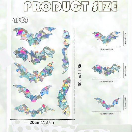 4Pcs Bat Window Stickers, Prism Color Window Decals to Prevent Bird Strikes Bird Window Strike Prevention Window Alert Decals for Birds Strikes, Anti Collision Window Stickers for Birds Window Decals