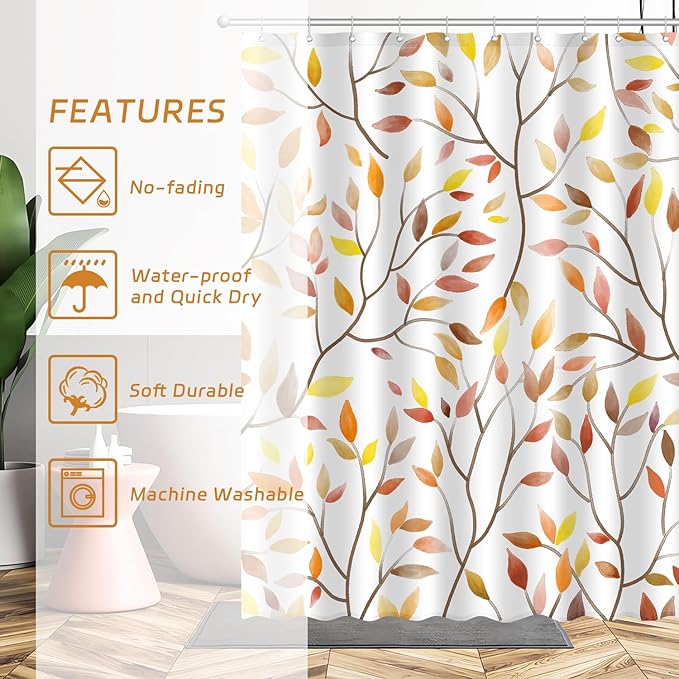 Boho Fall Shower Curtain, Autumn Colorful Botanical Flower Leaves Bohemian Yellow Fabric Shower Curtain Set with 12 Hooks, Bathroom Accessories Decor Cloth Curtain 72x72 Inches