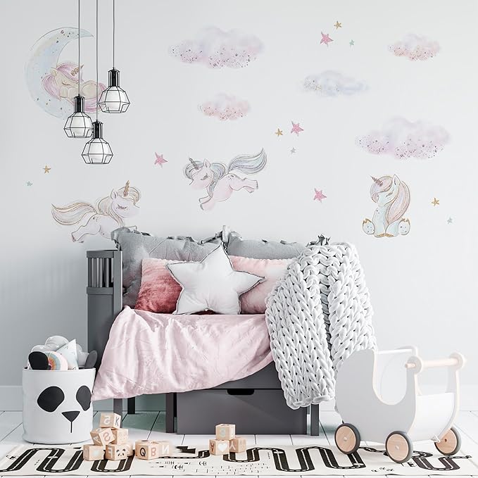Unicorn Wall Decals for Kids by Lipastick - Unicorn Wall Stickers Peel and Stick - Wall Decals for Girls Kids Baby Nursery Bedroom - Kids Colorful Decals Glittered Moon Stars Clouds S Size