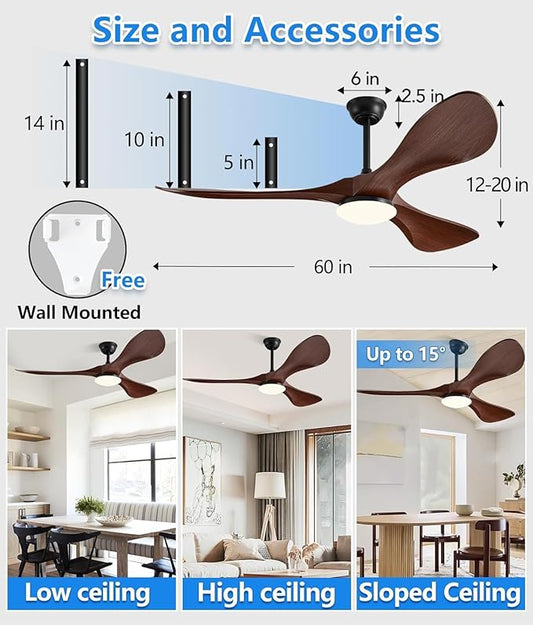 60 Inch Super Wide Blade Ceiling Fan with Light and Remote,Outdoor/Indoor Ceiling Fan with 3 Blades Noiseless Reversible DC Motor 6 Speeds with 3 Color Temperature and Timer for living room Patios