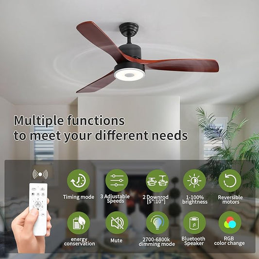 60 Inch Wood Ceiling Fan with RGB Dimming LED Light,with Music Bluetooth Speaker,Remote Control,3-Speed Regulation, Reversible Motor,Timing,for Living Room,Bedroom,Restaurant,Outdoor