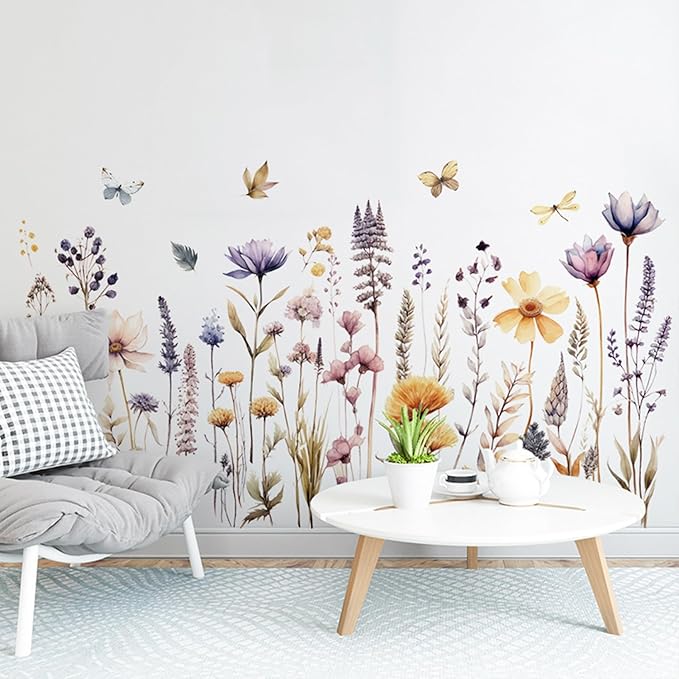 Flowers Wall Decals Wall Decor Vinyl Stickers, Wildflower Dandelion Grass Wall Art Murals, 3D Flower Pattern Self-Adhesive Wall Stickers for Girls Bedroom Living Room Nursery Decor