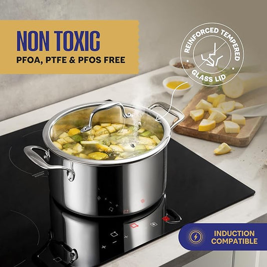 Legend 11-Pc 3 Ply Stainless Steel Cookware with Glass Lids, Full Clad, Induction, Non-Toxic, Oven Safe - Best 18/0 Professional Chefs Quality Pots and Pans Set - PFOA, PTFE & PFOS Free