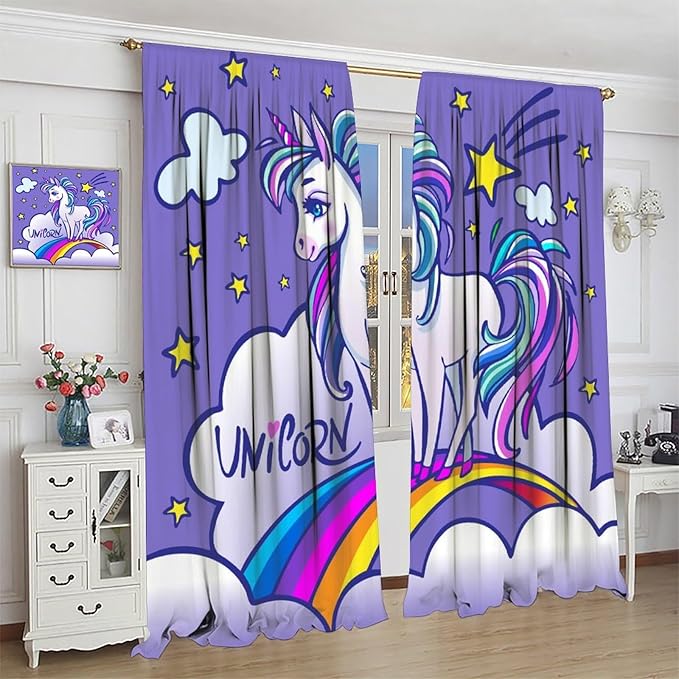 Kids Unicorn Curtains Purple Cartoon Rainbow Cartoon Room Blackout Curtains Boys Girls Baby Room Decor Curtains Living Room Decor 55x63 Inch 2 Panels