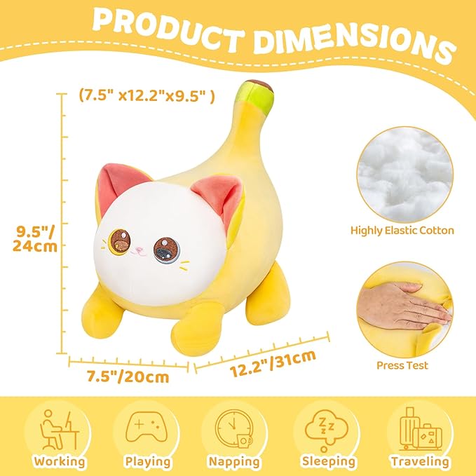 Stuffed Animal Plushie Toy, Cute Big Eyes Cat Plush Stuffed Pillow, Banana Cat with Heterochromatic Eyes Stuffed Animals Pillow, Birthday Stuffed Toy for Kids & Adults