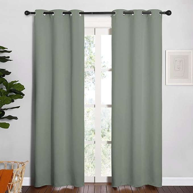 NICETOWN Window Curtain Panels, Thermal Insulated Solid Grommet Blackout Draperies/Drapes for Basement (Greyish Green, 1 Pair, 34 by 84-inch)