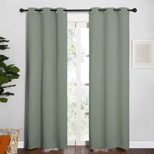 NICETOWN Window Curtain Panels, Thermal Insulated Solid Grommet Blackout Draperies/Drapes for Basement (Greyish Green, 1 Pair, 34 by 84-inch)