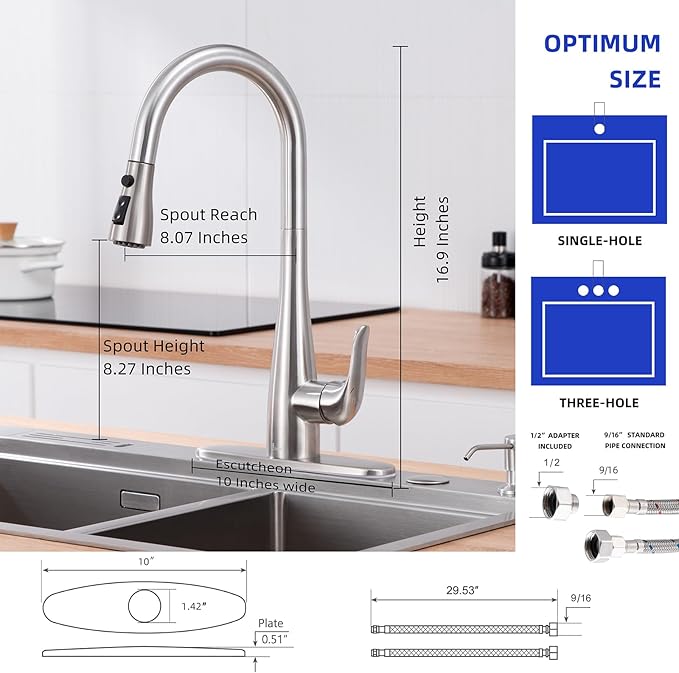 Kitchen Faucet with Soap Dispenser and Pull Down Sprayer - Stainless Steel Single Handle Kitchen Sink Faucet, 1 or 3 Hole Design for Modern Farmhouse Kitchens, Rv, and Bar Sinks(Brushed Nickel)