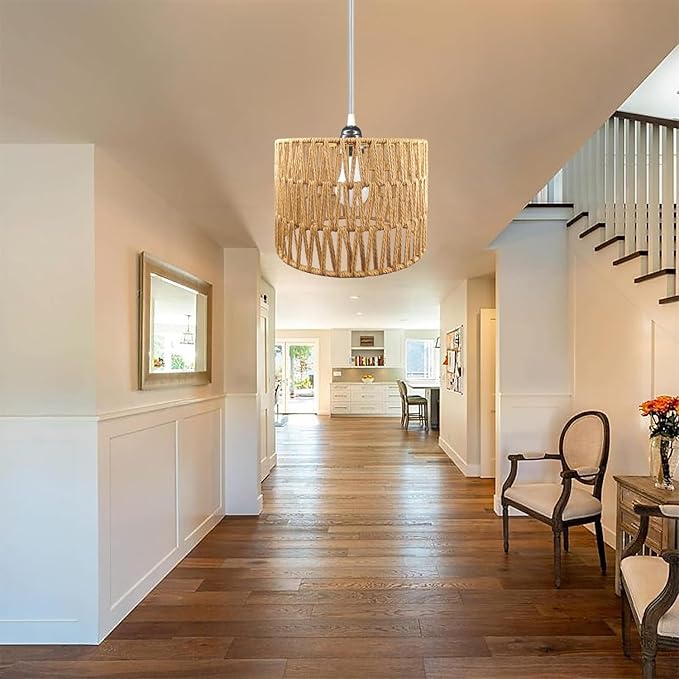 Hanging Lamp Plug in Rattan Hanging Lights with Plug in Cord, Woven Pendant Light with Smart RGB Bulb and Remote Control for Bedroom Living Room Farmhouse Kitchen (Rattan, Barrel Shade)