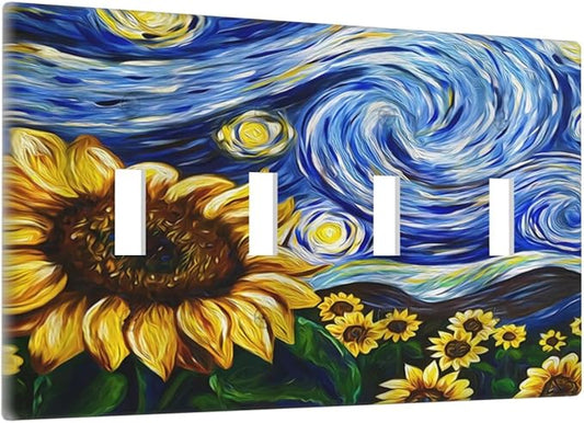 Vintage Abstract Blue Starry Sunflower Quad Toggle Light Switch Covers 4 Gang Wall Plate Decorative Switchplate Electrical Faceplate for Farmhouse Country Bedroom Decor