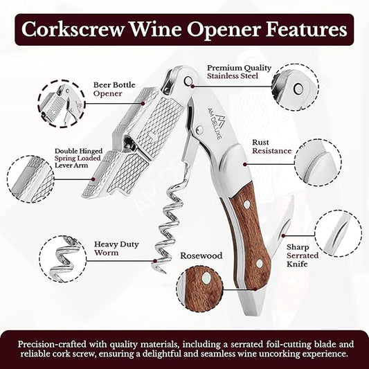 Premium AM DELUXE Waiter Corkscrew Wine Opener - Wine Key For Servers Bartenders, Heavy Duty Stainless Steel With Rosewood Inlay, Serrated Foil Cutter, Cork Screw Wine Bottle Opener, Magnetic Gift Box