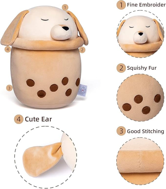 Niuniu Daddy Boba Plushies with Dog face-13.7inches Large Brown Cream Bubble Tea Stuffed Animals for Boys -Soft Kawaii Milk Tea Cup Plush Toy Pillow for Kids-Machine Washable