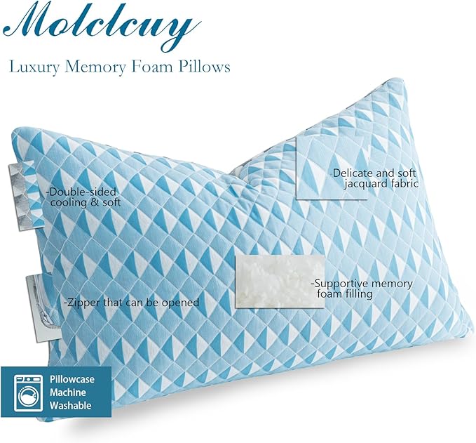 MOLCLCUY Memory Foam Pillows Standard Size Set of 2 Adjustable Cooling Pillow with Washable Removable Cover for Side Back Stomach Sleepers(20"x 26")