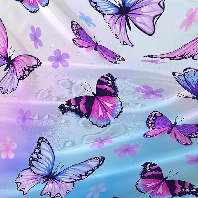 AILONEN Pink Butterfly Girls Shower Curtain for Bathroom Decor,Beautiful Floral Butterfly Women Butterfly Bath Curtain 36" W*72" H Polyester Waterproof Bathroom Curtain with 12 Hooks