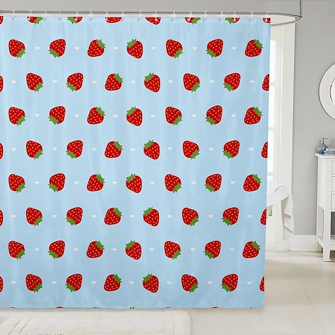 Feelyou Strawberry Fabric Shower Curtain Blue Shower Curtain for Kids Boys Girls Kawaii Fruit Bathroom Waterproof Accessories with 12 Hooks Cute Curtains,72x72 Inches