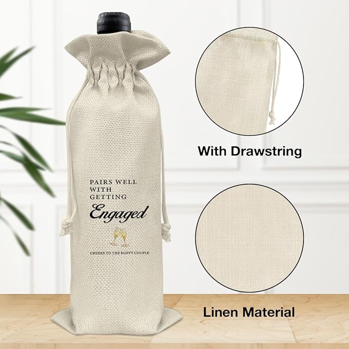 HOIJAUMAI Engagement Gift for New Couples, Engagement Wine Bag Wedding Gift for Mr and Mrs, Pairs Well with Getting Engaged Burlap Drawstring Wine Bag Champagne Wine Gift Bag
