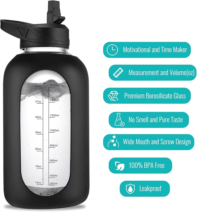 64 oz Glass Water Bottle With Straw and Handle, Half Gallon Sports Motivational Water Jug Flask with Silicone Sleeve, Large Water Cup with Time Marker for Travel, Gym, Sky Blue