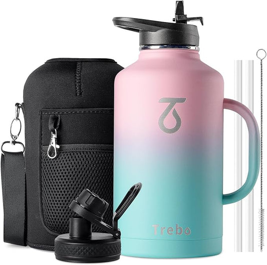 Trebo 64oz Water Bottle Insulated with Straw &2 Lids, Half Gallon Double Wall Vacuum Stainless Steel Metal Large Jug with Handle, Wide Mouth Coffee Flask Mug with Carry Pouch, Keep Cold Hot, Pink