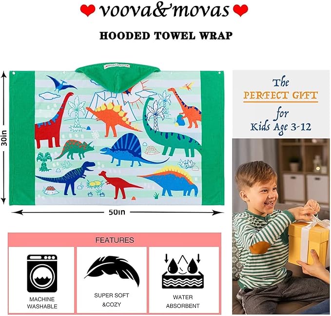 VOOVA & MOVAS Large Kids Hooded Towels | Soft Cotton (30X50 inches) Beach, Bath, Pool Towel with Hood | Summer Beach Stuff for Boys&GirlsAges 3-10 for Toddler,Jungle Dinosaur | Dino