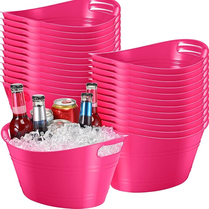 Norme 24 Pcs Oval Storage Tub with Handles, 4.5L Plastic Ice Bucket Wine Beer Champagne Bottle Drink Cooler Tub for Parties Beverage, Storage Basket (Rose Red)