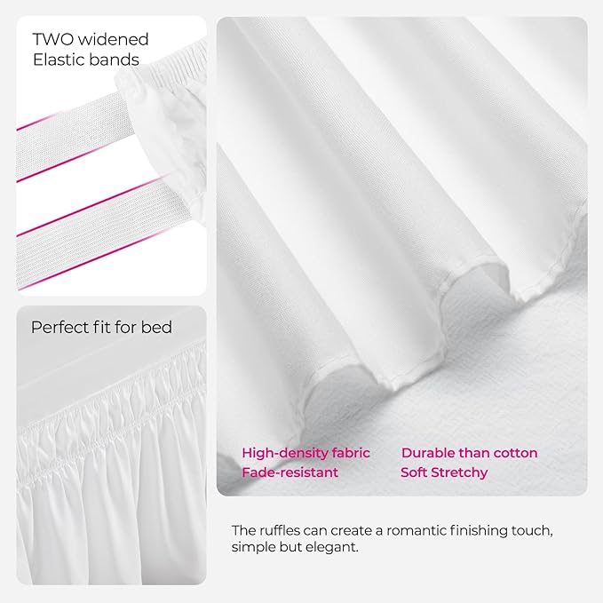 RIMELA Dorm Bed Skirt Twin XL 25 Inch Drop, Extra Long Wrap Around Elastic Bed Skirts Easy to Put On Twin Size Dust Ruffle, White Bedskirt for Adjustable Bed Base Solid Silky Fabric Machine Washable