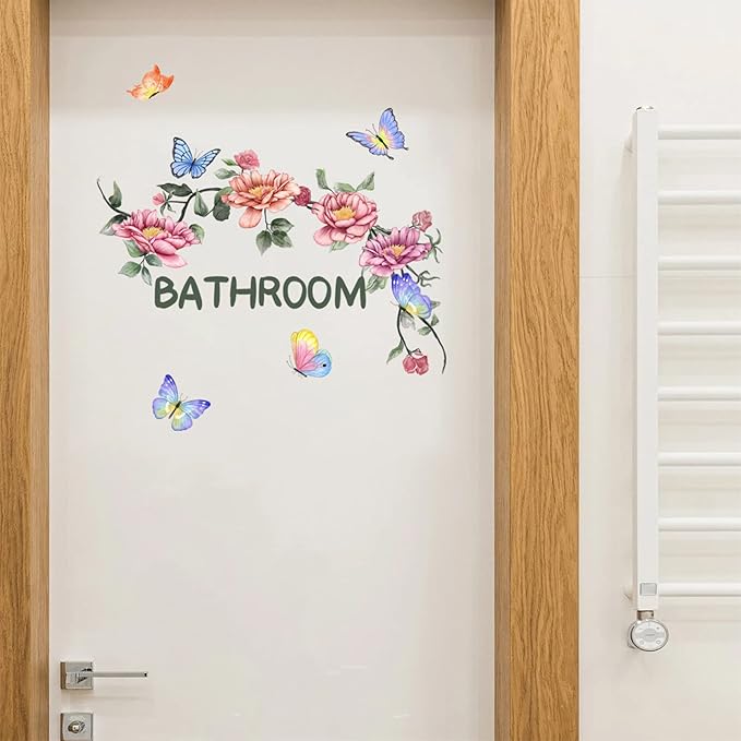 2 Sets Bathroom Decor Wall Stickers, Peony Roses Wall Stickers Floral Wall Decals, Watercolor Flowers Lily Daisy Butterfly Dragonfly Bird Wall Stickers for Bathroom Bedroom Living Room