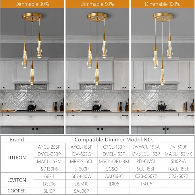 LMQNINE Kitchen Light Fixtures Ceiling Dimmable LED Modern Gold Pendant Light Mini Teardrop Crystal Pendant Light for Kitchen Island Bedroom Hallway Entryway (3-Light)
