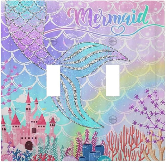 Silvery Glitter Cute Mermaid Tail Fantasy Castle Double Toggle Light Switch Covers 2 Gang Wall Plate Dual Decorative Switchplate Electrical Faceplate for Kidroom Nursery Bedroom Kitchen Decor