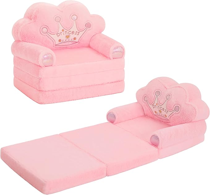 MOONBEEKI Toddler Chair Comfy,Foldable Princess Kids Couch for Girl, Toddler Recliners for Kids Over 18 Months, Kids Sofa Bed Fold Out(Pink)