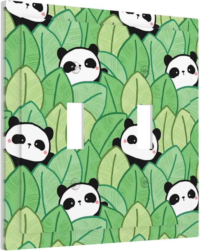 Cartoon Panda and Leaf Double Toggle Light Switch Covers 2 Gang Wall Plate Dual Decorative Switchplate Electrical Faceplate for Bathroom Country Kitchen Bedroom Decor, 4.9" x 5"