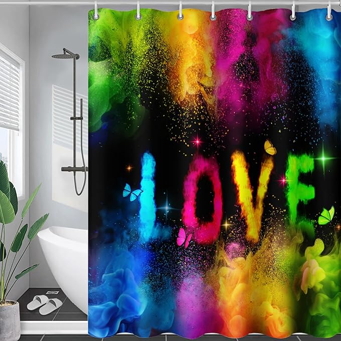 AILONEN Girls Shower Curtain for Bathroom, Rainbow Smoky Love Printed Bathroom Curtain Decor,Women Colorful Bath Curtain Polyester Waterproof Bathroom Curtain with 12 Hooks(72" W*78" H)