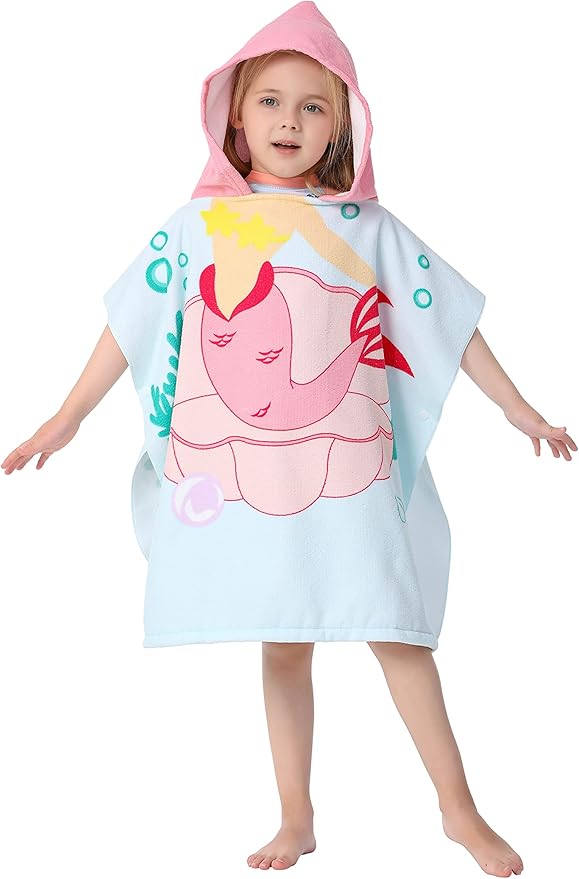 Toddler Girls' Wearable Bath Towel Mermaid Hooded Poncho Cover-ups Swimwear for Kid Girls Beach Pool
