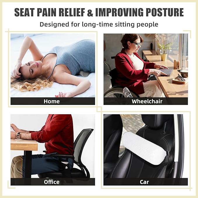 Lumbar Roll Pillow for Lower Back, Lumbar Support Foam Roll Cushion with Pillowcase and Upgraded Strap for Office, Chair, Car, Seat Pain Relief & Improving Posture (White, Short-11 * 4.3'')