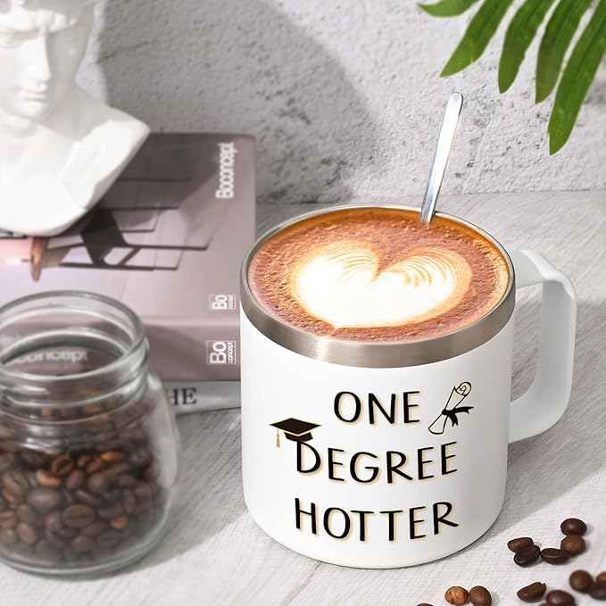 Lifecapido Graduation Gifts, One Degree Hotter 14oz Stainless Steel Coffee Mug with Handle, College Masters Degree Phd Graduation Gifts High School Graduation Gifts Christmas Gifts for Her Him (White)