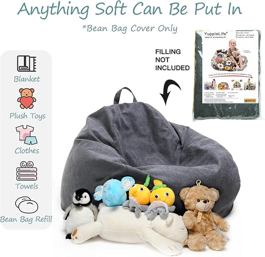 YuppieLife Stuffed Animals Bean Bag Chair Cover Candy-Colored Bean Bag(Just Cover, No Filling)/Extra Large Stuff 'n Sit Organization/Toy Storage Bag/Kids Toys Organizer(38'',Dark Grey)