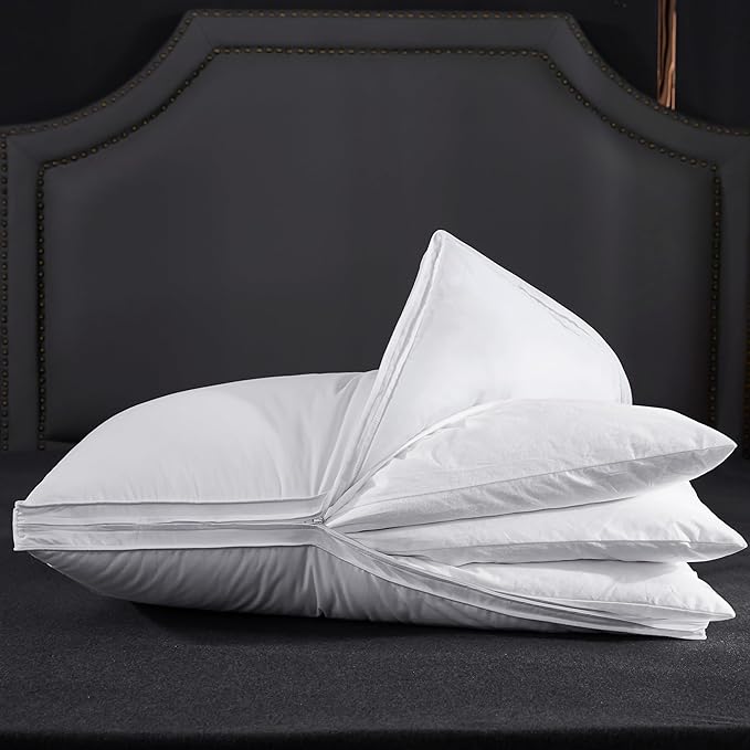 Three Geese Adjustable Layer Goose Feather Pillow,Assemblable Bed Pillow,100% Soft Organic Cotton Cover,Good for Side and Back Stomach Sleeper, Queen Size,Packaging Include 1 Pillow1