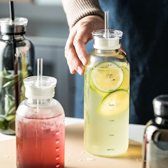Glass water bottle With Time Marker -24oz with 2 caps and straw,Reusable Glass Drinking Bottles,Suitable For Drinks, Juices, Sodas, Coke, As Gifts Etc (Smoky 24oz*2pcs)