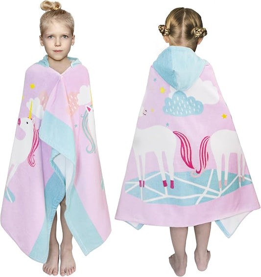 Kids Bath Towel Hooded - Cotton Kids Beach Towel 30"x50" for Ages 3 to 10, Toddler Towels with Hood Snaps, Soft Terry Poncho Towel as Pool Swim Cover Ups for Girls Boys (Unicorn Pink)